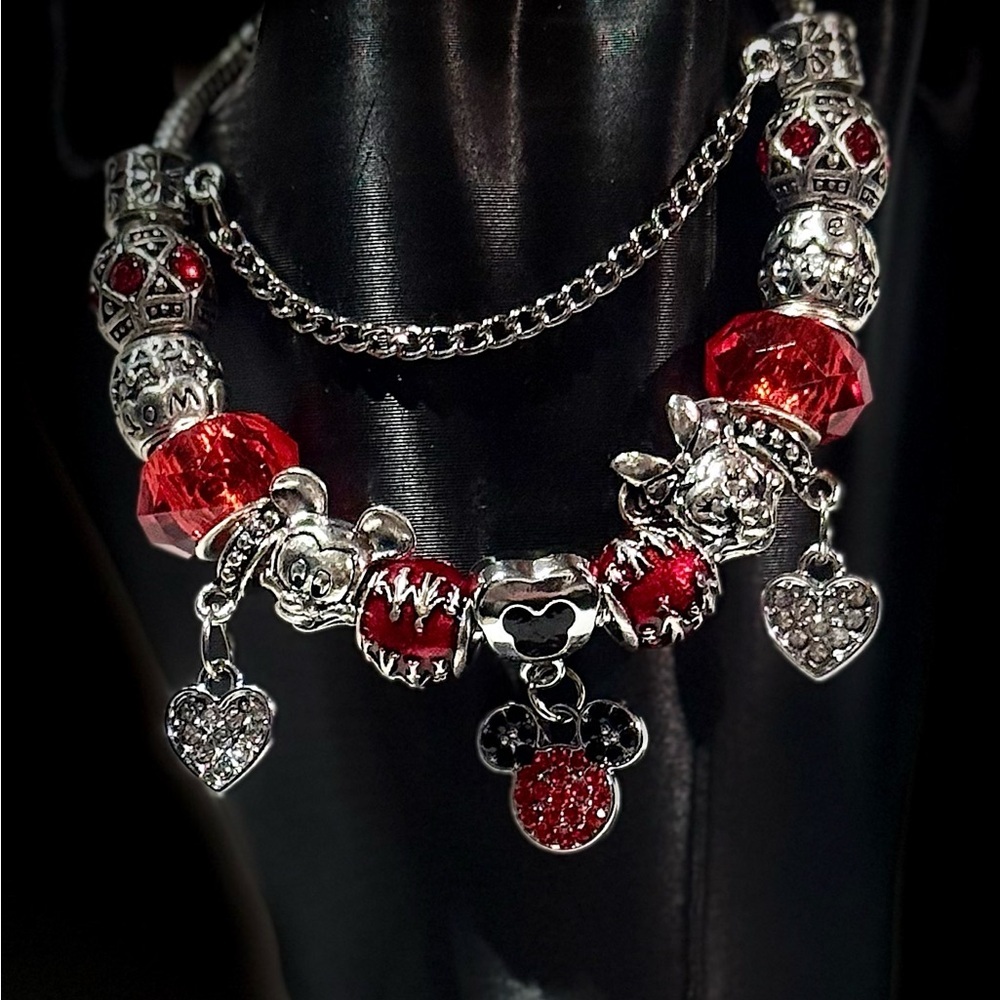 Elegant Silver and Red Charm Bracelet